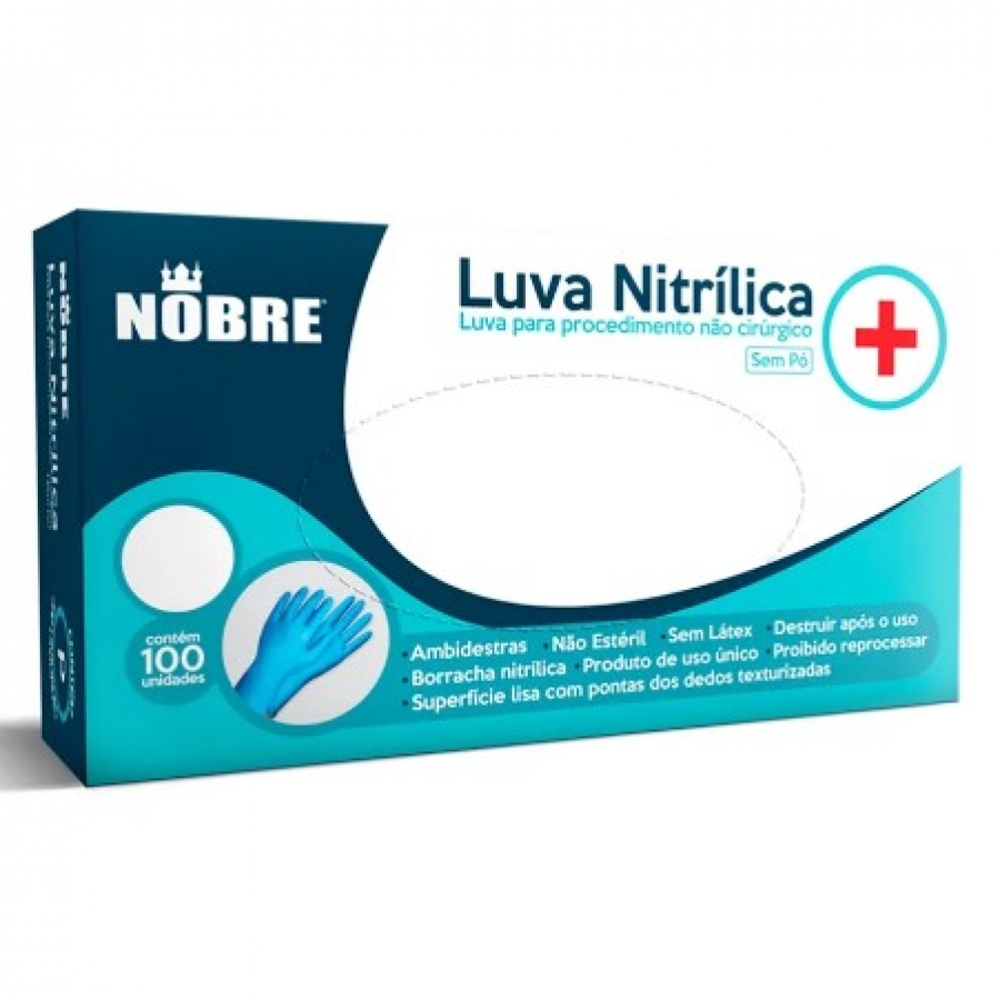 Luva Nitrílica Azul Sem Pó PCT Com 100 Nobre
